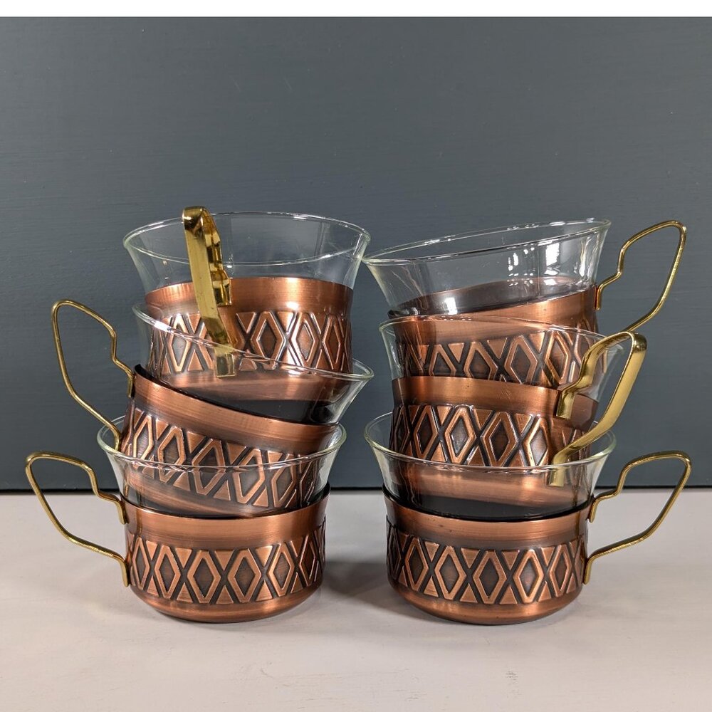 Vintage Schott Mainz Jenaer Glasses: set of 6 tea / coffee glasses with copper